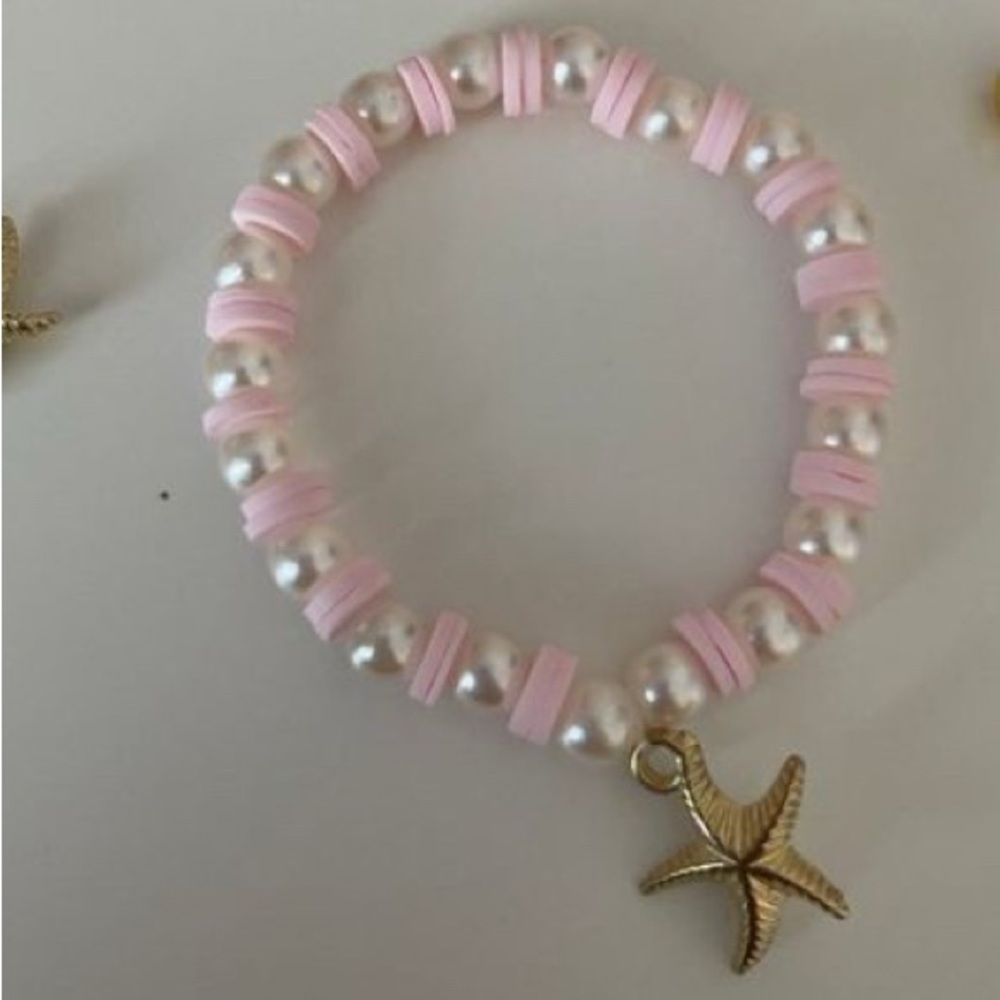 Pink and White Pearl Beaded Stretch Bracelet with Starfish Charm